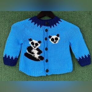 Vintage 90’s Handmade Panda Knit Cardigan Sweater Baby Girls Size 18 Months